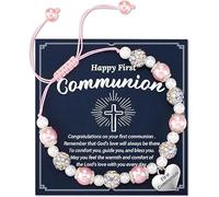 Regali per la Prima Comunione per Ragazza, Bracciale di Perle e Cuore, Comunione Bracciale, Braccialetto Regolabile, per Ragazze Regalo di Battesimo
