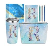 Regali personalizzati con monogramma regalo di compleanno per donne, neomamma, nonna, ringraziamento Natale, iniziale 590 ml, borsa cosmetica per il trucco, penne a tazza, set di 6 quaderni (fiore blu