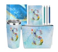 Regali personalizzati per le donne con monogramma regali di compleanno per donne, moglie, fidanzata, Natale, iniziale 590 ml, borsa cosmetica per il trucco, penne a tazza, quaderno, set da 6 (fiore