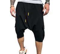 RegaliaKun Pantaloni 3/4 da Uomo Hippie con Cavallo Basso, Pantaloncini Harem da Uomo, Pantaloncini Uomo Capri in Cotone Larghi a Gamba Larga, Neri, Taglia L
