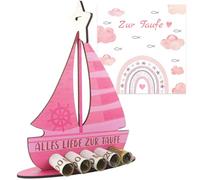 Regalo Battesimo Bimbo, Biglietto Battesimo Bimbo, Regalo Neonata Femmina, Regalo Neonato Maschio,Barca in Legno con Stelle e Carta di Battesimo (Rosa)