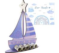 Regalo Battesimo Bimbo, Biglietto Battesimo Bimbo, Regalo Neonata Femmina, Regalo Neonato Maschio,Barca in Legno con Stelle e Carta di Battesimo (Blu)