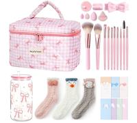 Regalo di compleanno fidanzata, set da 36 pezzi per la migliore amica con bicchiere in vetro da 500 ml, 10 pennelli per trucco, grande borsa cosmetica per compleanno, make up bellezza, regalo di