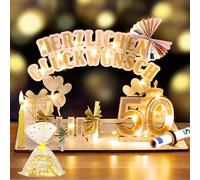 Regalo di compleanno per donna e uomo, set di anniversario di alta qualità con libro degli ospiti in legno personalizzato, catena luminosa a LED da 2 m e sacchetto di cellophane | elegante regalo di