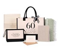 Regalo di compleanno rotondo per donne, mamma, moglie, fidanzata e sorella | Set di 7 pezzi: borsa shopper in tela con stampa dell'età, asciugamano per hammam, taccuino A5, trousse per cosmetici