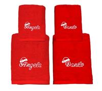 Regalo di Natale per coppia. Set asciugamani natalizi bagno personalizzati. 4 asciugamani rossi ricamati in 100% cotone.