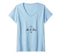 Regalo di Nozze per la Sposa e Lo Sposo Mr. & Mrs Maglietta con Collo a V, Donna, Celeste, M