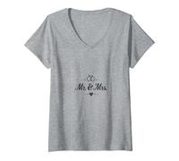 Regalo di Nozze per la Sposa e Lo Sposo Mr. & Mrs Maglietta con Collo a V, Donna, Grigio Melange, M