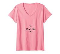 Regalo di Nozze per la Sposa e Lo Sposo Mr. & Mrs Maglietta con Collo a V, Donna, Rosa, M