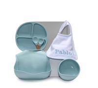 Regalo ecologico personalizzato per bambini | stoviglie in silicone e bavaglino ricamato con nome + biologico | fatto a mano in Spagna (Blu | Set di Piatti + Bavaglino) | BebeDeParis
