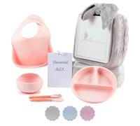 Regalo ecologico personalizzato per bambini | stoviglie in silicone e bavaglino ricamato con nome + biologico | fatto a mano in Spagna (Rosa | Set di Piatti + Coperta) | BebeDeParis