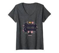 Regalo Floreale con Corona Raising Queens: Empowering Daughters Maglietta con Collo a V, Donna, Grigio Scuro, L