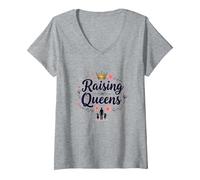 Regalo Floreale con Corona Raising Queens: Empowering Daughters Maglietta con Collo a V, Donna, Grigio Melange, L