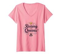 Regalo Floreale con Corona Raising Queens: Empowering Daughters Maglietta con Collo a V, Donna, Rosa, L