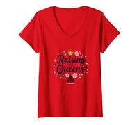 Regalo Floreale con Corona Raising Queens: Empowering Daughters Maglietta con Collo a V, Donna, Rosso, L