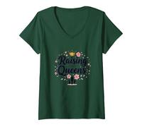 Regalo Floreale con Corona Raising Queens: Empowering Daughters Maglietta con Collo a V, Donna, Verde Foresta, L