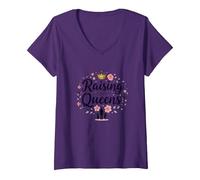 Regalo Floreale con Corona Raising Queens: Empowering Daughters Maglietta con Collo a V, Donna, Viola, L