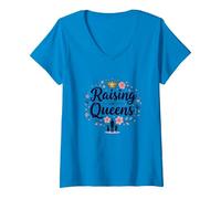 Regalo Floreale con Corona Raising Queens: Empowering Daughters Maglietta con Collo a V, Donna, Zaffiro, L