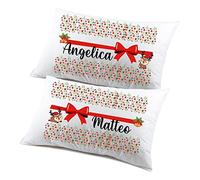 Regalo Natale federe Natalizie Coppia di federe Personalizzabili matrimoniali Divertenti renna fiocco Natale Personalizza con Nome