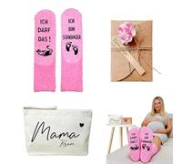 Regalo neomamma set completo: borsa in canvas con “Mama Kram”, calze termiche rosa e biglietto d'auguri per future mamme - Idea regalo perfetta per la gravidanza