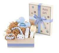 Regalo Neonato Bambino e Bambina con Massaggiagengive, Spazzola e Termometro, Cestino Ideale per una Cura Completa con Amore, Cesta Personalizzata (Blu)