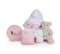 Regalo Neonato Maschio Femmina con accappatoio ricamato col nome del bebè | un orsetto di peluche e vari prodotti per il bebè | (Dai 6 mesi all'anno) | Rosa | BebeDeParis