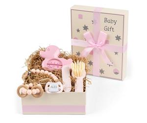 Regalo Neonato Maschio Femmina con Massaggiagengive | Spazzola e Termometro | Cestino Ideale per una Cura Completa con Amore | Cesta Personalizzata (Rosa) | BebeDeParis