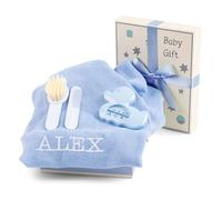 Regalo Neonato Maschio Femmina con Mussola Ricamata | Termometro e Spazzola | Cestino Funzionale per la Cura del Bebè | Cesta Personalizzata (Blu) | BebeDeParis