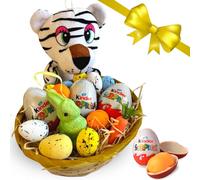 Regalo Pasqua 2025 - Cestino Vimini + 3x20gr Uova Kinder Sorpresa Maschio + Tigre + Mini Uova e Coniglietto di Polistirolo Decorazioni Pasquali