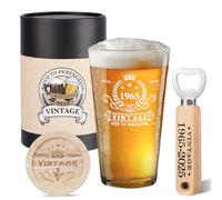 Regalo per 60° compleanno, per uomo, vintage 1965, bicchiere da birra, apribottiglie in legno, scatola regalo vintage, sottobicchieri in legno e biglietto di auguri, 60° compleanno, idea regalo per