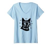 Regalo per Amanti dei Gatti Senza Figli con Zampa Piena Maglietta con Collo a V, Donna, Celeste, S