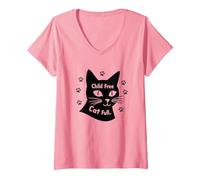 Regalo per Amanti dei Gatti Senza Figli con Zampa Piena Maglietta con Collo a V, Donna, Rosa, M