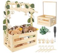 Regalo per baby shower, cestino in legno con ruote in legno, maniglia per baby shower, pratica scatola in legno per baby shower, con 5 grucce appendiabiti per bambole (arcobaleno)