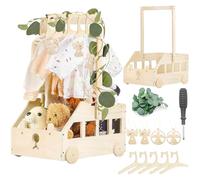 Regalo per baby shower, cestino in legno con ruote in legno, maniglia per baby shower, pratica scatola in legno per baby shower, con 5 grucce appendiabiti per bambole, regalo e fogli decorativi