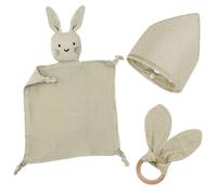 Regalo per bambini e bambine, set regalo per neonati, 3 pezzi, regalo per la nascita con panno per affusolare, coniglietto e massaggiagengive in legno e bavaglini per neonati, cose (cachi)