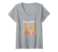 Regalo per Il 21° Compleanno - Guess What? I'm 21 Celebration Maglietta con Collo a V, Donna, Grigio Melange, XXL