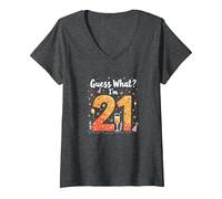 Regalo per Il 21° Compleanno - Guess What? I'm 21 Celebration Maglietta con Collo a V, Donna, Grigio Scuro, S