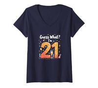 Regalo per Il 21° Compleanno - Guess What? I'm 21 Celebration Maglietta con Collo a V, Donna, Navy, L