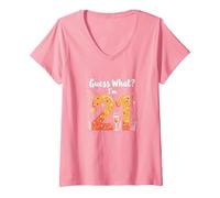 Regalo per Il 21° Compleanno - Guess What? I'm 21 Celebration Maglietta con Collo a V, Donna, Rosa, L