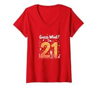 Regalo per Il 21° Compleanno - Guess What? I'm 21 Celebration Maglietta con Collo a V, Donna, Rosso, S