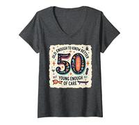 Regalo per Il 50° Compleanno: Old Enough to Know Better Citazione Divertente Maglietta con Collo a V, Donna, Grigio Scuro, S