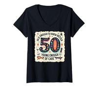 Regalo per Il 50° Compleanno: Old Enough to Know Better Citazione Divertente Maglietta con Collo a V, Donna, Nero, XXL