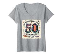 Regalo per Il 50° Compleanno: Old Enough to Know Better Citazione Divertente Maglietta con Collo a V, Donna, Grigio Melange, L