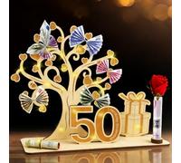 Regalo per il 50° compleanno, per uomini e donne, per riempire i desideri con albero dei soldi, confezione regalo con catena luminosa a LED per il 50° compleanno, albero della vita, libro degli ospiti