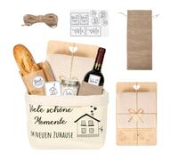 Regalo per l'inaugurazione della casa, tagliere in legno + panno da cucina in cotone + cestino per il pane + sacchetto di vino con adesivi, regalo per la casa
