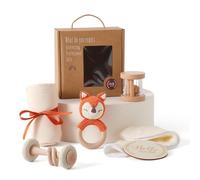 Regalo per neonati, set regalo per bambini di 6 pezzi per maschi e femmine - asciugamani da bagno, bavaglini, giocattoli in legno, sonaglio a coniglietto all'uncinetto e carte delle tappe, confezione