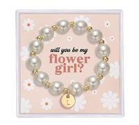 Regalo per proposta di damigella d'onore, braccialetto con iniziali dalla A alla Z, braccialetto con iniziali di perle e scritta "Will You Be My Flower Girl"., Small, Acrilico, Nessuna pietra preziosa