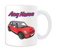 Regalo personalizzato - Rosso Mini Cooper Union Jack soffitto per tazza, motivo di trasporto tema, bianco) - Qualsiasi nome/Scritta su singolo - BMW Hatch convertibile Clubman compatriota Coupè Roadster Paceman auto auto conduttivo Cute