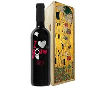 Regalo San Valentino - Bottiglia vino personalizzata e cassa legno - Idea regalo innamorati, anniversario di fidanzamento e di matrimonio (I love you, "Il Bacio" di Klimt)