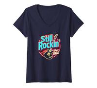 Regalo Vintage 1974 Still Rockin' Since per Amanti della Musica Femminile Maglietta con Collo a V, Donna, Navy, L